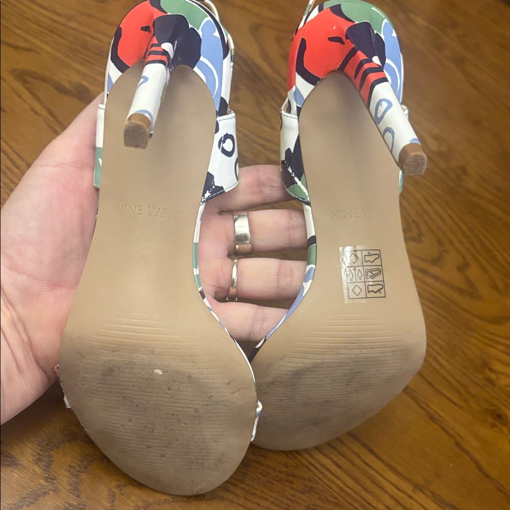 Nine West Tropical Floral Ankle-Strap Sandals in Green, White, Black and Coral - Picture 7 of 10